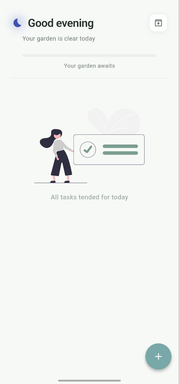 DYF running on Android: main screen showing garden progress bar and today's tasks
